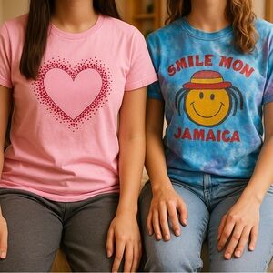 Graphic Tee Duo - Pink Heart and Smile Mon Jamaica - Size S